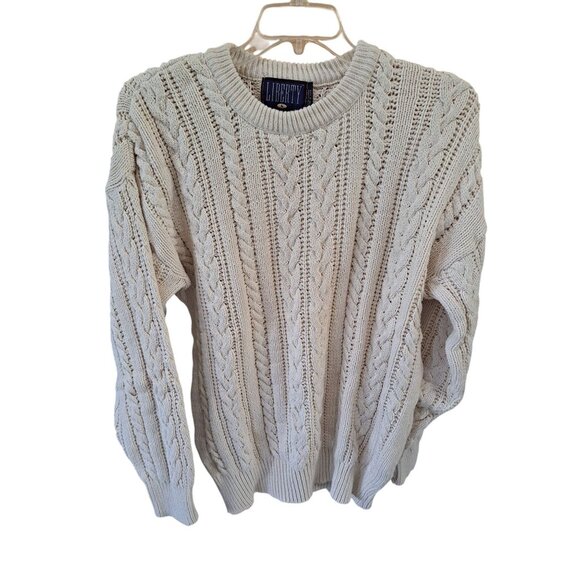 Vintage Liberty Cable Knit Fisherman Sweater Crewneck 100% Cotton Cream L Men's - Picture 1 of 10